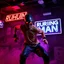 Placeholder: An "RUNNING MAN" performing at dance club, his name is "RUNNING MAN" and looks crazy, looks very aggressive look, Neon lights and smog, "RUNNING MAN" SIGN ON WALL
