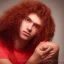 Placeholder: teen, male, with long red curly hair, head shot, model, real photo, soft lighting