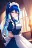 Placeholder: girl, masterpiece, best quality, cinematic lighting, detailed outfit, vibrant colors, perfect eyes, blue hair, long hair, white eyes, ponytail, maid, indoors,