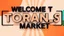Placeholder: A design with the words (WELCOM TO TORANJ PLUS MARKET) in the middle of the image in a raised and three-dimensional manner with black shadows on an orange, red and white background in a sacudolic atmosphere.