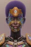 Placeholder: african head portrait, warrior costume, village, meditation, woods, galaxy sky, 8k quality , portrait,beautiful african robotic , post-apocalyptic in a cyberpunk city, realistic, intriacte detail, sci-fi fantasy style, volumetric lighting,24mm , particales,highly detailed,cinematic, deep purple , green eyes .