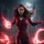 Placeholder: wanda maximoff com olhos vermelhos de magia, destruindo tudo, mulher ameaçadora, terror, 4k render, cores escuras, cinematográfico