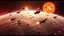Placeholder: An intergalactic battle taking place above a planet with three suns, as fleets of alien ships collide in a dazzling display of energy and explosions. Photographic quality and detail, award-winning image, beautiful composition.