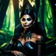 Placeholder: Morena Baccarin as a beautiful sexy dark elf queen seated elegantly on a throne in a mystical forest, dark celtic vignette frame, photo-realistic, cinematic lighting, award-winning photography