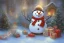 Placeholder: Impressionism, acrylic paint, pastel colors, 1 snowman, christmas tree, christmas lights, wreath, presents,