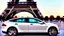 Placeholder: A Tesla's 'Model S Plaid' is parked, at the Eiffel Tower, in Paris. CINEMATIC. WIDE ANGLE LENS.
