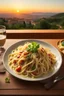 Placeholder: Create a realistic photograph of spaghetti carbonara on a table in a small Italian restaurant at sunset.