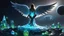 Placeholder: angel with a wings siting on the blue monolith made of blue tiberium crystals of lights, matrix universe, planets on the back grounds, green crystals of tiberium on the life and right