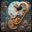 Placeholder: Surreal rococo and whimsy style, harpist lady plays strings, atop a three-horned snail infused with steampunk aesthetics, gears and pipes evident, tendrils of steam, pastel colors, intricate lace details, snail shell spiraling elegantly, octane rendering, ultra fine detail.