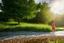 Placeholder: shot from front ,green field and wild flower field ,beautiful girl in pretty dress curly hair walking in water toward camera in trees next to wavy river with clear water and nice sands in floor.camera capture from her full body front, spring blosom walking to camera ,wild flowers moving in the wind ,blue sky,moving pretty clouds ,joy full facet.