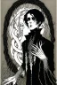 Placeholder: black haired young man necromancer wizard with gothic jewelry and tentacle fingers in the style of Harry Clarke