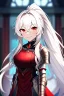 Placeholder: girl, masterpiece, best quality, cinematic lighting, detailed outfit, vibrant colors, perfect eyes, long hair, white hair, red eyes, ponytail, messy hair, hair between eyes, indoors, depth of field, ray tracing, armored dress, angry, smile,