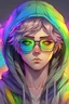 Placeholder: Anime man with glasses, messy rainbow hair, wearing a hooded sweatshirt, realistic