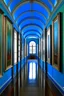 Placeholder: A museum for displaying paintings, whose side walls are oval and made of blue glass, with a corridor at the end on the left side