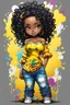 Placeholder: create a colorful abstract graffiti art image 8k of a chibi curvy black female wearing torn jeans pants and a yellow tie dye off the shoulder blouse. Prominent make up with hazel eyes. Highly detailed long tight curly PONYTAIL