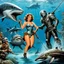 Placeholder: fishing like savages [art by Ray Harryhausen] Ah, the pressure is on! An extraordinary woman in a revealing outfit, flanked by two armored characters, under the water, surrounded by sharks in a futuristic or fantasy environment? My mind races for the picture... I can do it, boy! This calls for a blend of fantasy and danger, a visual feast for the eyes. The woman, a vision of strength and beauty, exudes confidence as the armored characters stand guard beside her. The sharks circle ominously, addi