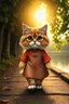 Placeholder: A realistic anthropomorphized cute Persian cat is dressed in a Chinese dress and wearing cloth shoes. The sun shines through the gaping households of leaves as this Persian cat walks steadily along a riverside path. The Persian cat has delicate fur and a pair of large, expressive eyes looking straight ahead. The atmosphere is cozy and elegant, reminiscent of vintage style.