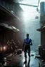 Placeholder: full body, cyborg, male, post-apocalyptic in a cyberpunk bar, realistic, intriacte detail, sci-fi cyberpunk style, volumetric lighting, particales,highly detailed,cinamatic, deep