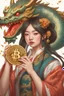 Placeholder: Bitcoin cryptocurrency in the hands of a traditional chinese girl, dragon