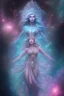 Placeholder: Create an image of a full body cosmic Goddess. The goddess should be depicted as a beautiful and powerful figure, surrounded by cosmic stars. Her hair should be long, blond and flowing, and she should be dressed in a flowing gown blue celestial robe. In the background, include imagery of pink flowers, blue sky,trees. The image should evoke a sense of joy, celebration, and spiritual connection to nature.