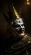 Placeholder: Bosch nightmares paining style Title: a joker face smiling of Trump wearing a crown, 8k, photography , photorealistic concept art, soft natural volumetric cinematic perfect light, chiaroscuro, award-winning photograph, masterpiece, oil on canvas, Raphael, Caravaggio, Greg Rutkowski, people, beksinski, Giger