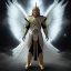 Placeholder: The first image is of the main character's full body. He’s to look like a powerful angel, symbols on his hands glowing, His background should be that of space above with stars and standing on a paradise of a planet. His belt can transform into a white dragon.