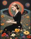 Placeholder: "Midnight Serenade unique" low view angle shot down wild flowers field , large close up a beautiful young woman with a black dress , wearing a cool black like a rocker style and playing the piano , granite terrazzo motifs with puzzle modern clothing is decorated with colorful filigree abstract, Collage chutes papiers magazines,Spirograph background by Nisa Kiley, Textile Artist