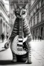 Placeholder: One single mature street cat, friendly, playing guitar, vienna, sunny day, perfect iris, model style, hyper realistic, extremely accurate, delicate, extremely detailed, Graphic novel style, colours, wide-angle, open aperture, superfine pencil