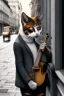 Placeholder: One single mature cat playing violin on the street, Vienna,thoughtful, mourning, model style, hyper realistic, extremely accurate, delicate, extremely detailed, Graphic novel style, wide-angle, open aperture, superfine pencil