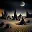 Placeholder: Photograph of odd shapes scattered over an arid wasteland, very spooky, night, intricate, Yves Tanguy, thoughtful, interesting, a bit appalling, smooth