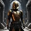 Placeholder: star wars bald male corellian pilot wearing pearlescent black and gunmetal grey First Order special forces heavy assault stealth commando armor and helmet with gold trim inside the jedi temple, hyperdetailed, dynamic lighting, hyperdetailed background, 8k resolution, volumetric lighting, light skin, fully symmetric details