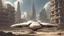 Placeholder: A small, wide, squat, sleek Spaceship in a ruined alien city, surrounded by tall damaged buildings, clear sky, small white clouds, photorealistic