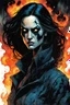 Placeholder: create an imaginative print illustration of a dreaded, feared and emaciated, raven haired, female, blind Nordic seeress, malevolent and dangerous, dressed in rags, with finely detailed, weathered and deeply lined facial features, wreathed in a maelstrom of fire, in the comic book art style of Bill Sienkiewicz, Mike Mignola, and Jean Giraud Moebius, finely textured, drawn, colored, and inked