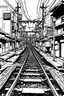 Placeholder: Tokyo train tracks, line arts, manga style