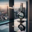 Placeholder: very close up of a big wrist watch stands on table in balcony skyscraper camera looks at modern city environment reflected image , watch glass is dark mirror,centered.