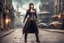 Placeholder: Full Body Photo Of A Woman With Straight Hair And A Fringe Hairstyle, heroic stance, Sci-Fi Steampunk street Background