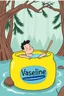 Placeholder: a picture of a guy bathing in a big yellow Vaseline jar, he is in a adventure park, with his wife, art style cal arts, simple character design, round mouths non tapering lines, minimalist and fluid