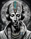 Placeholder: Illustrative sketch of Pharaoh Akhenaten in music with headphones, contrasting colors, ultra quality, hyper detailed, graffiti, concept art, maximalism, 8k