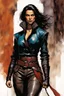 Placeholder: Create a masterpiece portrait illustration of an epic fantasy Lankhmar female thief character slim in stature, with shoulder length hair, finely lined and detailed facial features, in an fur collared leather doublet and breeches , a short oriental cloth belt at the waist, stealthy soft leather slippers, , in the comic book style of Bill Sienkiewicz, Howard Chaykin, Mike Mignola, Philippe Druillet, and Jean Giraud Moebius, precisely drawn, colored and inked, otherworldly, dark, mysterious