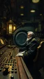 Placeholder: Captain Nemo sitting in a dark submarine control room , filled with cages and buttons and valve on the control dashboard paint it in the baroque style,