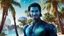 Placeholder: beautiful gorgeous young man na'vi with long hair, Avatar, blue skin, two small ears, green eyes, black hair, in cosmic suit, galactic ambiance, medium pointy goatee , smiling, with spaceship and planets and palm trees and clear crystaline cosmic beach in background