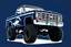 Placeholder: front corner 1976 Chevrolet square body truck(lifted) facing to viewer's left, with shark nose graphic on sides, navy blue background