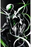 Placeholder: Cyborg symbiote, white color, green color, tendrils, high tech, cyberpunk, biopunk, membrane wings, carbon fiber, cyber tentacles, and the other two.