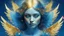 Placeholder: beautiful sad woman angel, double exposure in fantasy style, blue, gold, sparkles, fine rendering, bright colors, photorealism, 3D, with acrylic elements