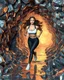 Placeholder: make a picture pretty cave made of crystal and metallic 3d fractal recursive cubic and sphere base structures and a beautiful fashion model lady with cute,curvy long hair,makeup, in pretty sports suit is running inside cave ,dynamic camera fallow her inside cave capturing full body, dynamic lights.