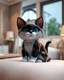 Placeholder: A macro 3D render of a cute, small black and white cat character made entirely of translucent, glossy, jelly material. The cat is sitting on conform in a luxury bedroom ,subsurface scattering and gelatinous texture of the cat body. High-quality CGI, octane render, 8k resolution, whimsical, adorable, clean composition.