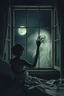 Placeholder: person sits up in a dimly lit bed gazing out the window into a dark, moonless night, where a ghostly apparition of a gaunt Victorian-dressed doll, shrouded in a thick, misty fog, hovers just beyond the panes, its presence eerie and foreboding, a bony, spectral hand beckons with a long, spindly finger, reminiscent of the macabre illustrations of Edward Gorey, yet imbued with the mystical, dreamlike quality of Gertrude Abercrombie's surrealist style, the atmosphere is heavy with malevolent intent