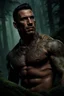 Placeholder: Jason David Frank muscular man with short hair and tribal tattoos piercings in forest, realistic face, close-up, dark fantasy, smoke in the sky, intricate details, hyper detailed