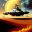 Placeholder: dramatic Chris Foss painting of a spacebattle scene with an armored hovercraft with gun turret in the desert with stormy sky and a duststorm