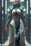 Placeholder: affluent caucasian female martial arts gown cyberpunk